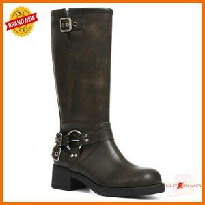 Knee High Riding Boots Square Toe Wide Calf Chunky Heel Buckle Details